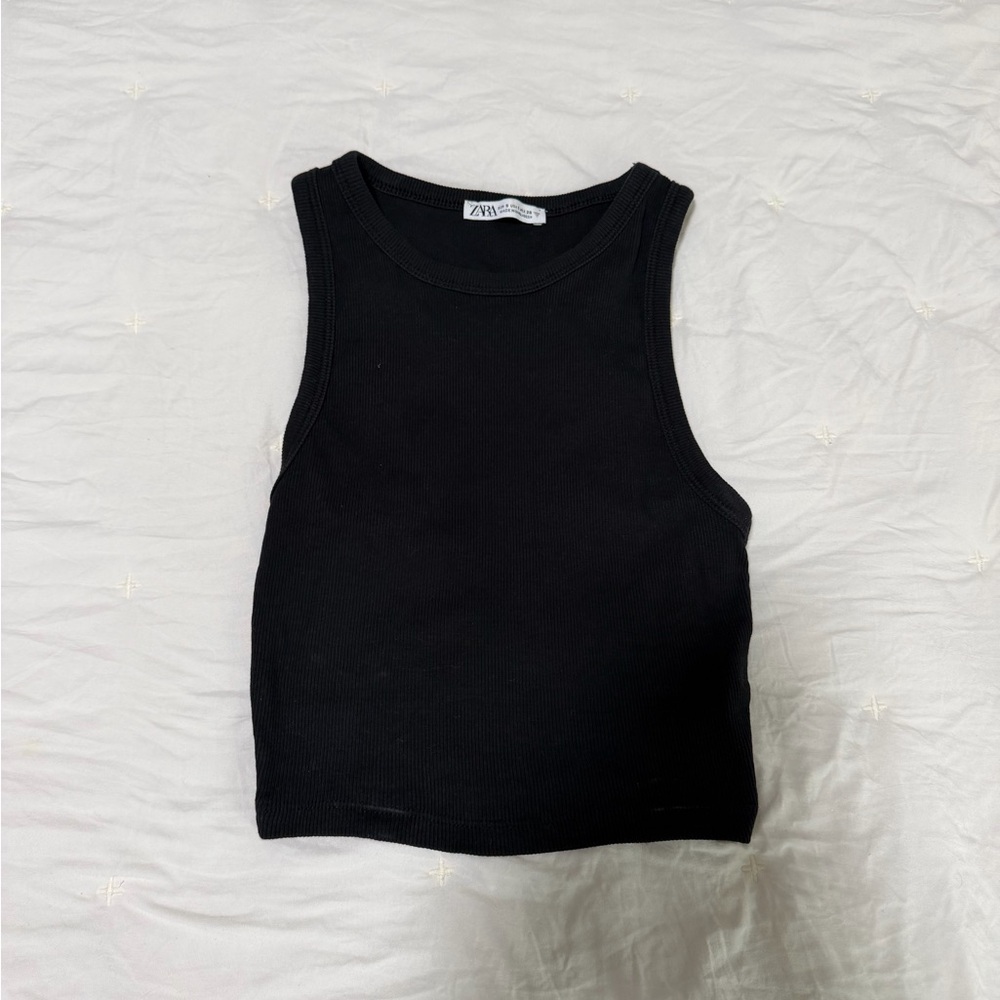 Zara Black Ribbed Tank Top - Women's Sleeveless Crew